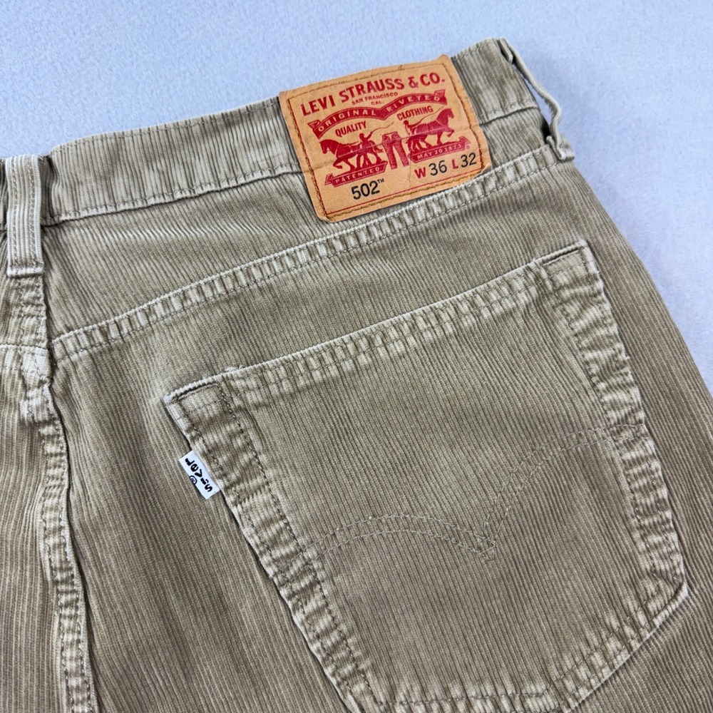 Levis 502 Regular Taper Pants Mens Corduroy Tan Distressed 36x32